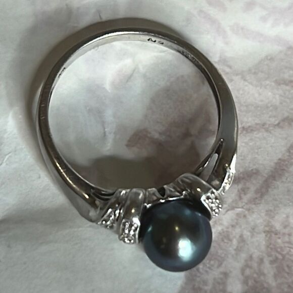 10k White Gold 9mm Grey Tahitian Pearl and Diamond Ring - Picture 15 of 15